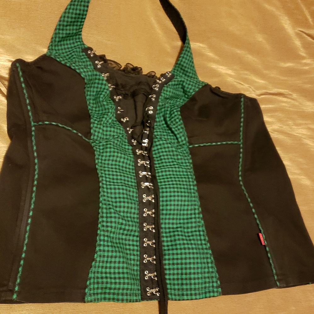 Green & Black Checker Print Halter Corset